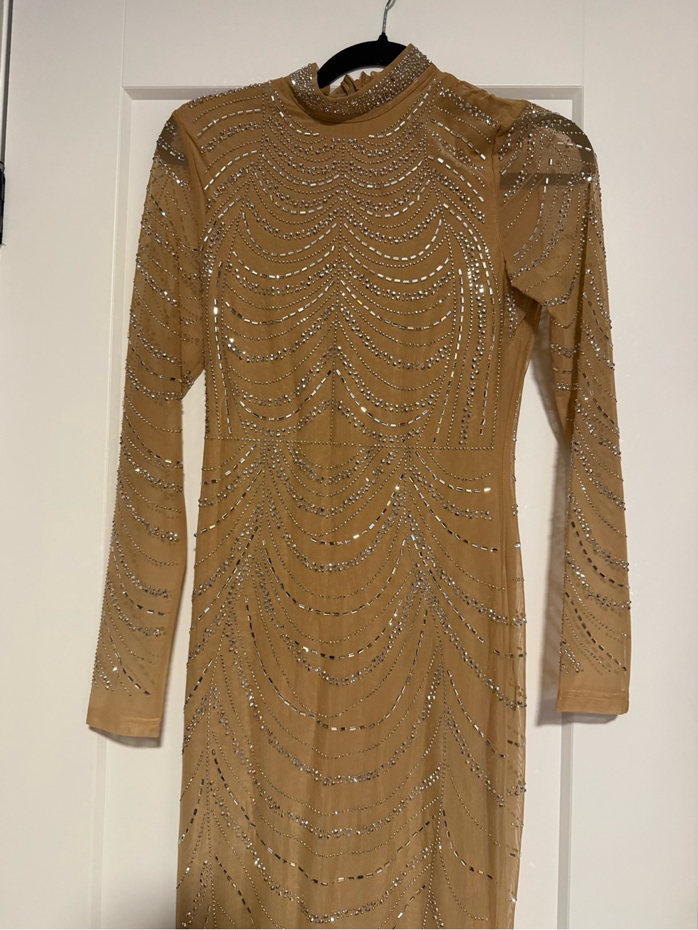 Embellished Long Sleeve Sheer Maxi Dress in Camel